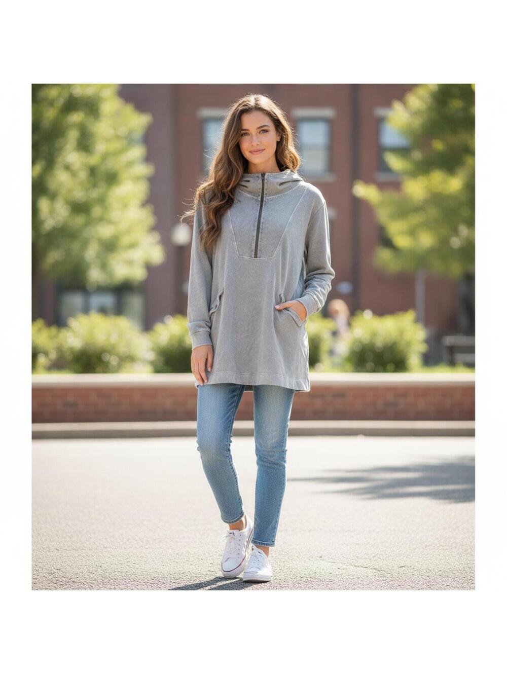 WRAP London Grey Hemp Organic Cotton Half-Zip Hoodie Tunic US 12